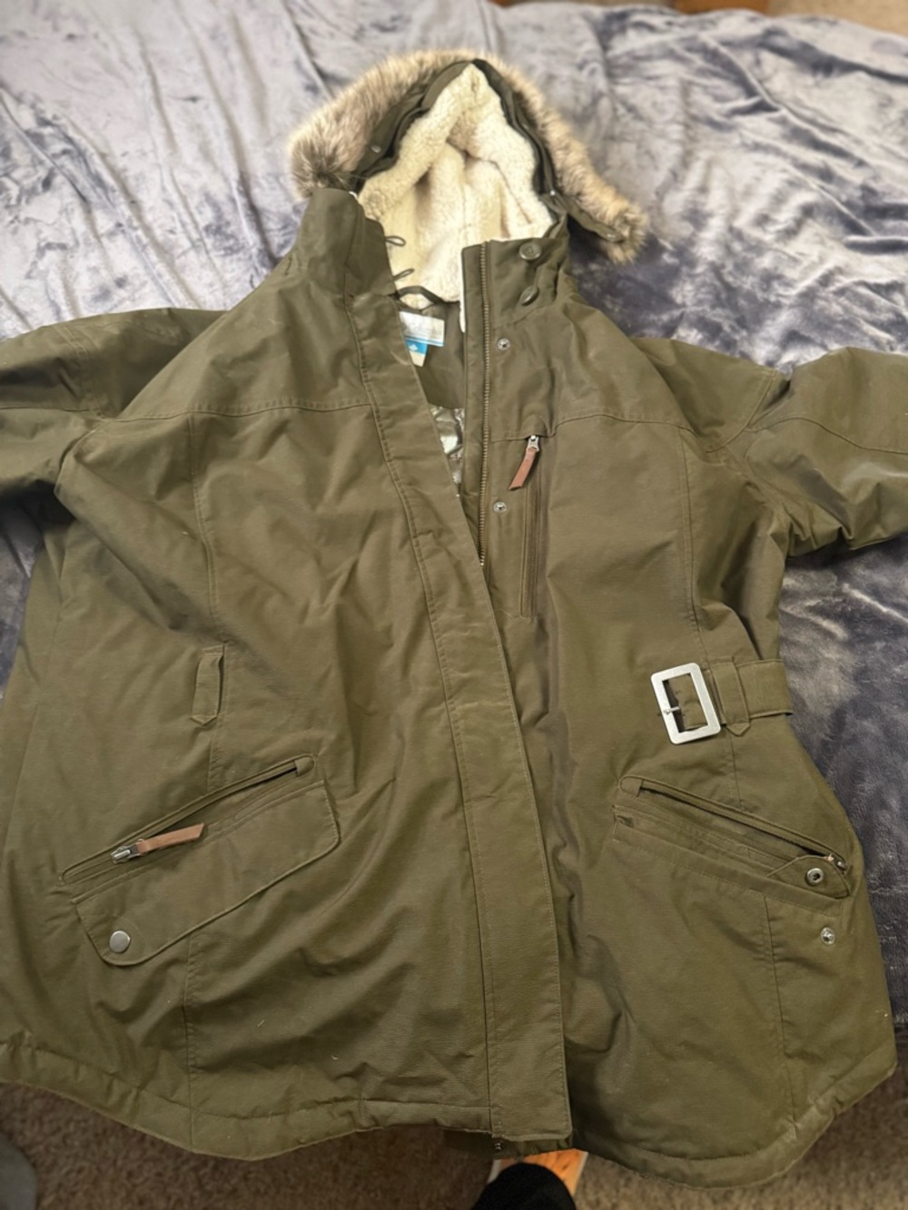 Columbia Olive Green Fur-Trim Hooded Winter Coat
